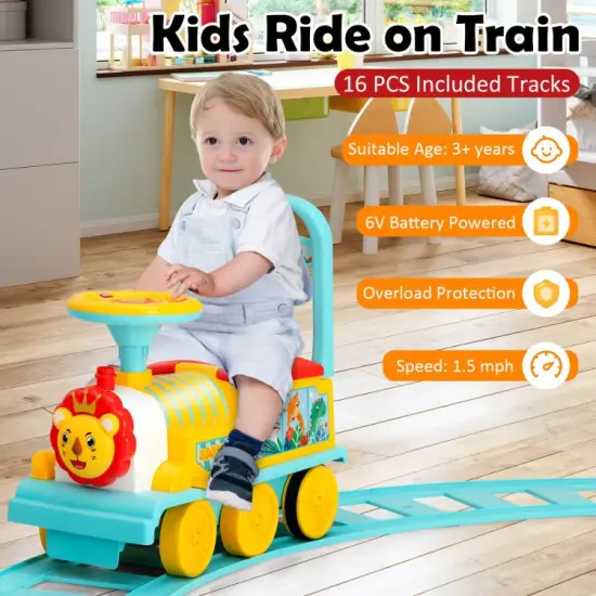 6V Electric Kids Ride On Train with 16 Pieces Tracks Blue {5}