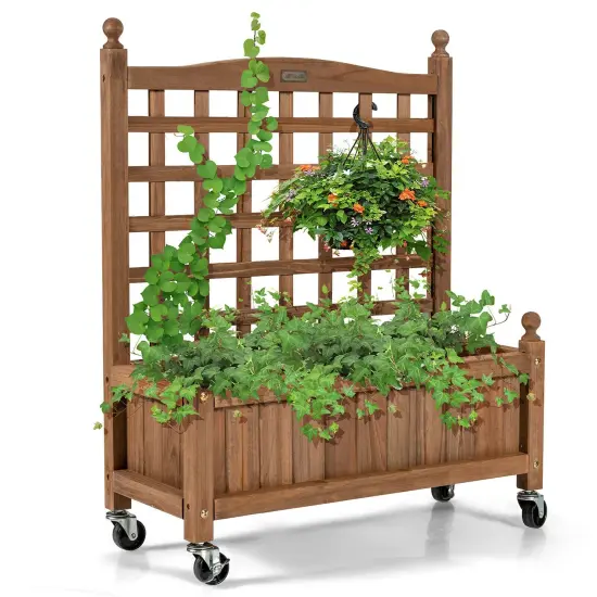 32in Wood Planter Box with Trellis Mobile Raised Bed for Climbing Plant {5}