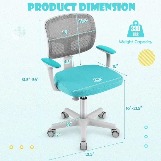 Adjustable Desk Chair with Auto Brake Casters for Kids Turquoise {4}