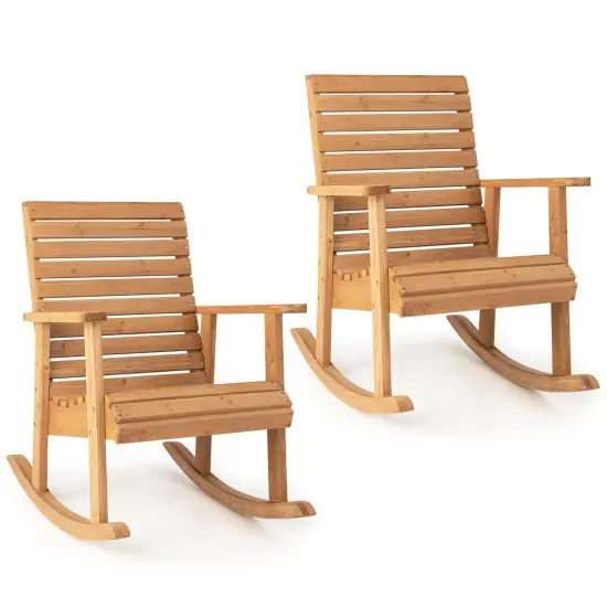 Costway 2 PCS Patio Wooden Rocking Chair High Back Fir Wood Armchair Natural Garden Yard {1}