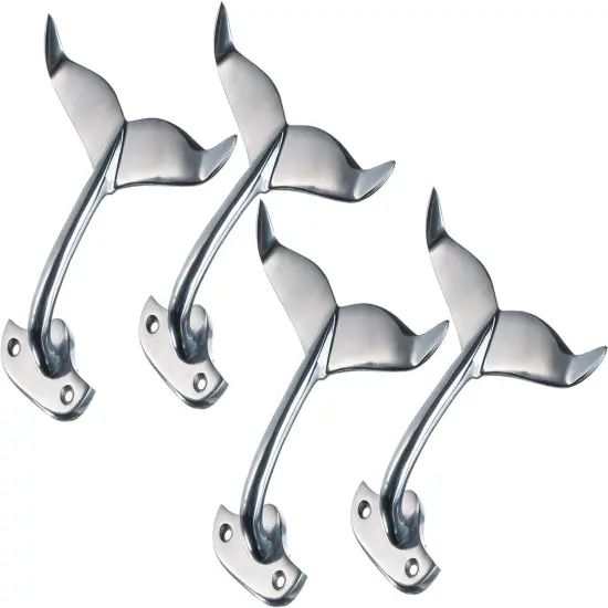 Whale Tail Wall Hook Heavy Cast Aluminum Curved Whale Tail Wall Hook Perfect for Beach Décor 4 Pack {1}