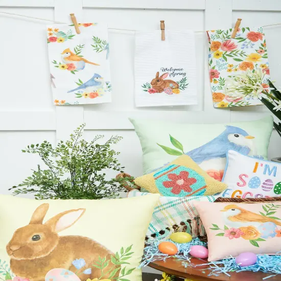 Yellow Floral Bunny Woven Spring Easter Themed Accent Throw Pillow, 18" x 18" {4}
