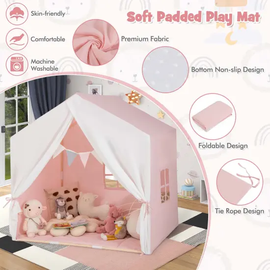 Costway Kid's Play Tent Toddler Playhouse Castle Solid Wood Frame with Washable Mat Orange/Pink {5}