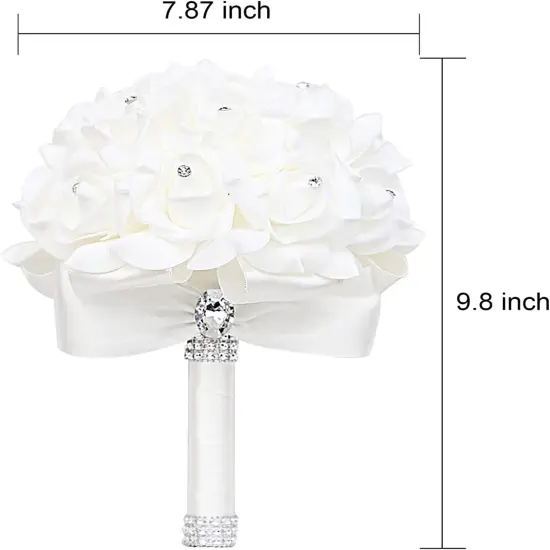 White Foam Rose Bridal Bouquet with Satin Ribbon Handle for Wedding & Party {5}