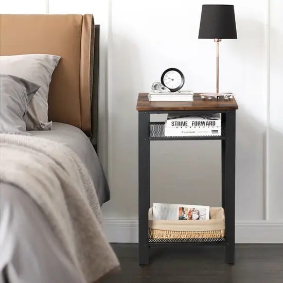3-Tier Industrial End Table with Metal Mesh Storage Shelves {2}
