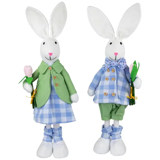 Northlight Bunny Couple in Matching Checkered Outfits Easter Figures - 18.75" - Set of 2 Blue {1}
