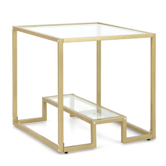 22 Inch 2-Tier Square Sofa Side Table with Tempered Glass Tabletop-Golden {3}