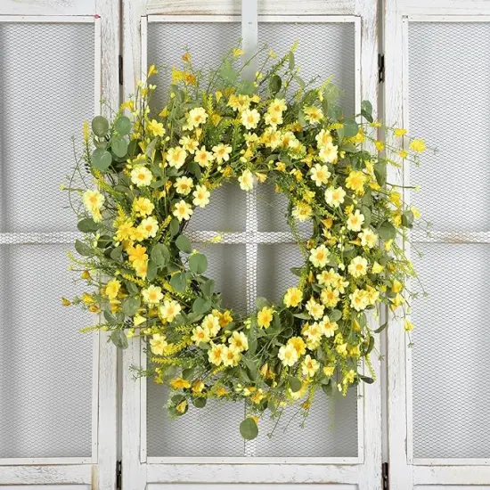 24 Inch Spring Wreath Yellow Daisy with Eucalyptus Wreath for Front Door {1}