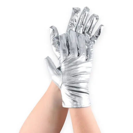 Metallic Silver Costume Gloves - Shiny Silver Princess Evening Stretch Dress Tea Glove Set for Men, Women and Kids {2}