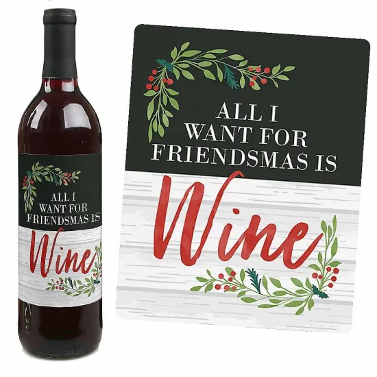 Big Dot of Happiness Rustic Merry Friendsmas Gifts for Women and Men - Christmas or Holiday Wine Bottle Label Stickers - Set of 4 {4}