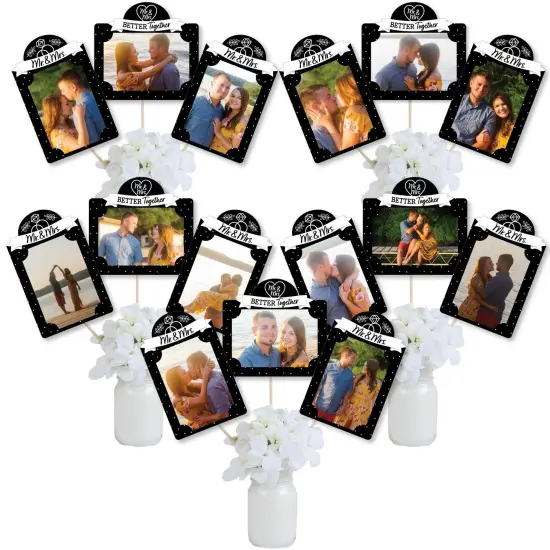Big Dot of Happiness Mr. and Mrs. - Black and White Wedding or Bridal Shower Picture Centerpiece Sticks - Photo Table Toppers - 15 Pieces {1}