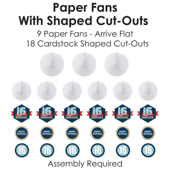 Big Dot of Happiness Boy 16th Birthday - Hanging Sweet Sixteen Birthday Party Tissue Decoration Kit - Paper Fans - Set of 9 {6}
