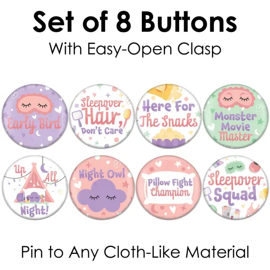Big Dot of Happiness Pajama Slumber Party - 3 inch Girls Sleepover Birthday Party Badge - Pinback Buttons - Set of 8 {7}