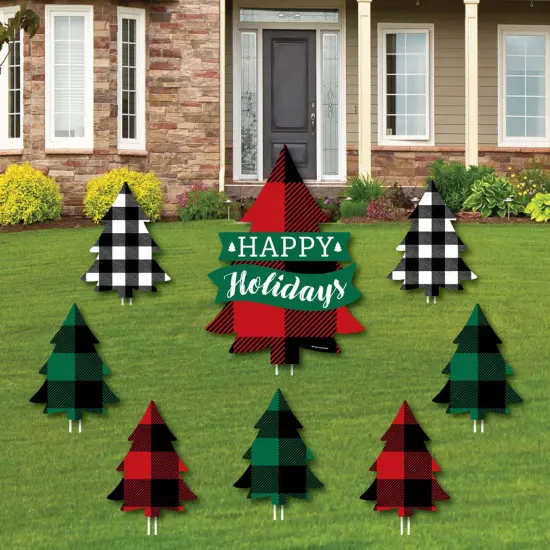 Big Dot of Happiness Holiday Plaid Trees - Yard Sign and Outdoor Lawn Decorations - Buffalo Plaid Christmas Party Yard Signs - Set of 8 {1}