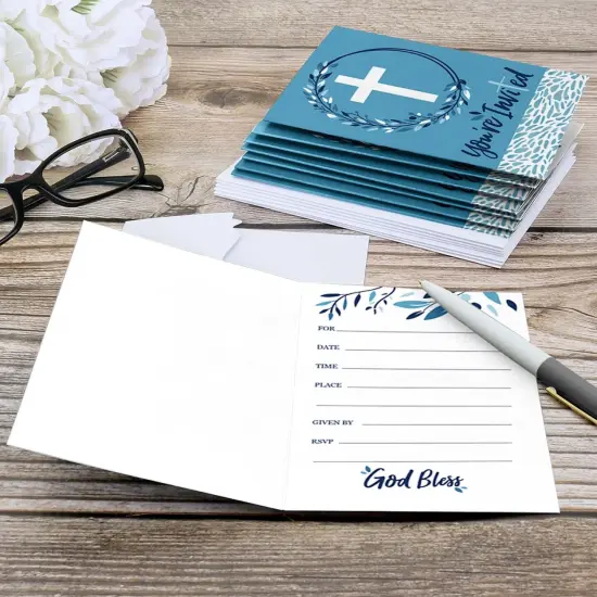 Big Dot of Happiness Blue Elegant Cross - Fill In Boy Religious Party Invitations (8 count) {6}