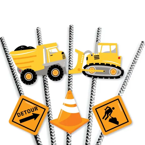 Big Dot of Happiness Dig It - Construction Party Zone - Paper Straw Decor - Baby Shower or Birthday Party Striped Decorative Straws - Set of 24 {7}