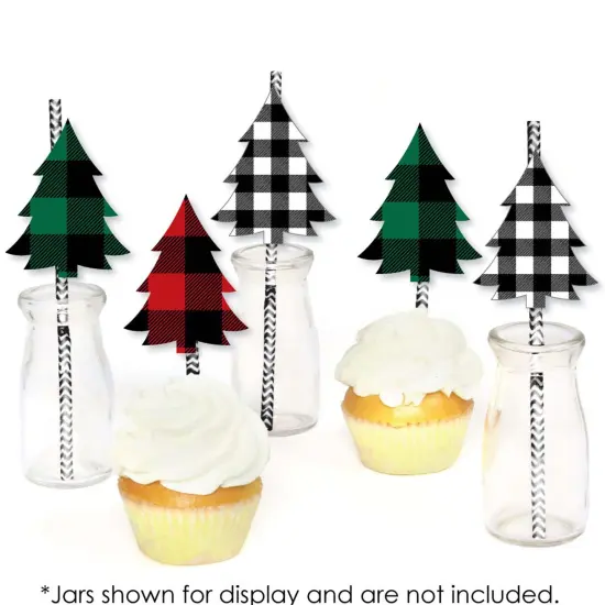 Big Dot of Happiness Holiday Plaid Trees - Paper Straw Decor - Buffalo Plaid Christmas Party Striped Decorative Straws - Set of 24 {6}