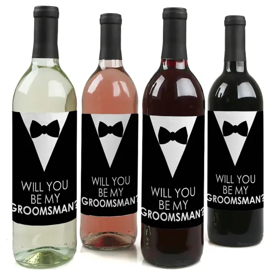 Big Dot of Happiness Suit Up - Will You Be My Groomsman Gift for Men - Whiskey or Wine Bottle Label Stickers - Set of 4 {6}