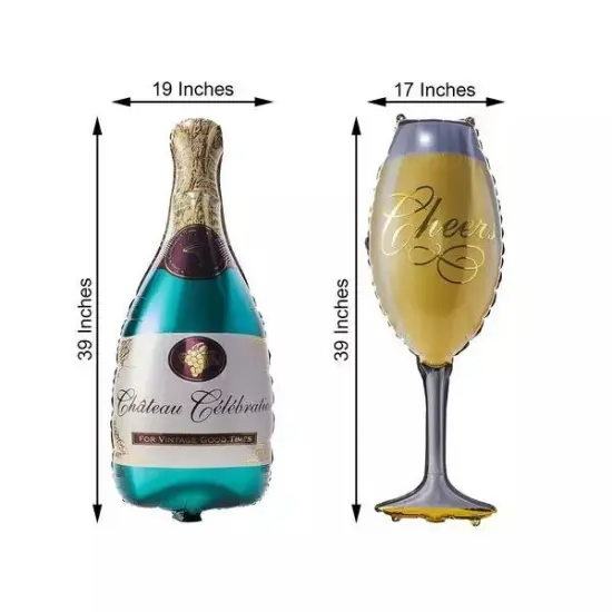 39" Gold Green Champagne Bottle and Goblet Mylar Foil Balloons {5}