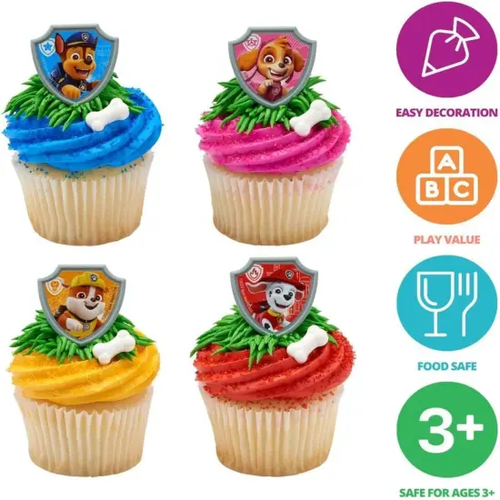 Paw Patrol Reporting For Duty Rings, Cupcake Decorations Featuring Chase, Marshall, Skye, And Rubble - 12 Pack {6}