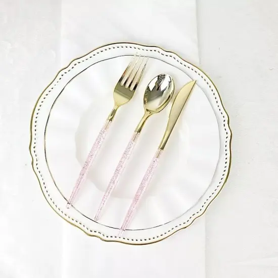 24 BLUSH 8.5" Plastic Cutlery with Gold Glittered Handle {1}