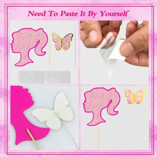 Barbie Style Vintage Pink Girl Cake Toppers 44pc Balls, Boho Reed Grass, Flowers, and Butterfly Cake Decoration Kit {2}