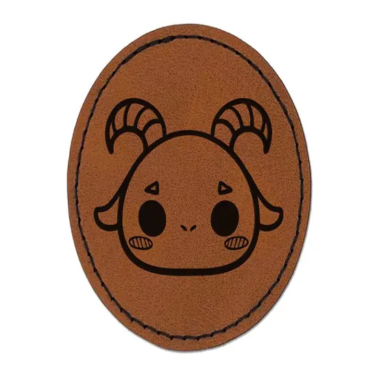 Charming Kawaii Chibi Goat Face Blushing Cheeks Round Iron-On Engraved Faux Leather Patch Applique - 2.5" Brown {1}