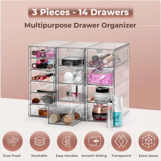 Sorbus 14 Drawers Acrylic Organizer for Makeup, Organization and Storage, Art Supplies, Jewelry, Stationary - 3 Pcs Clear Stackable Storage Drawers {5}