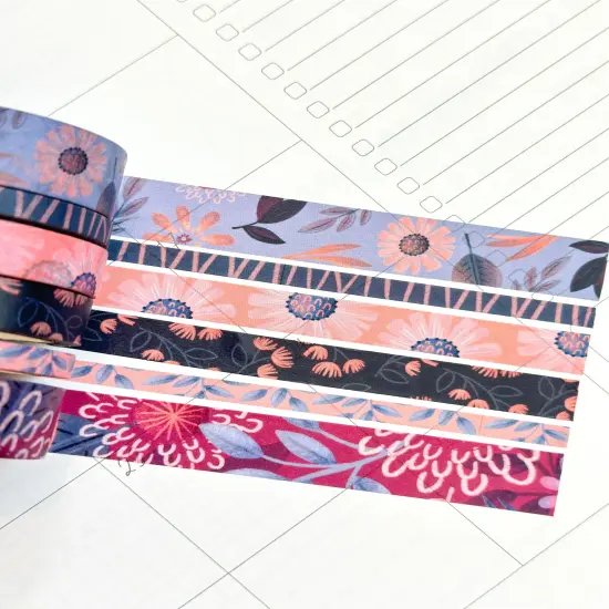 Periwinkle Pink Navy Coral Floral Modern Flowers Washi Tape Set February 2024 - W101 {3}