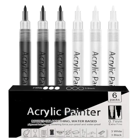 Acrylic Paint Pens, Acrylic Paint Marker for Rock, Wood, Glass, Egg, Shoe,Metal and Ceramic, Fabric, 0.7mm Fine Point Paint Pens, Water Based Art decorating kit (white & Black) {2}