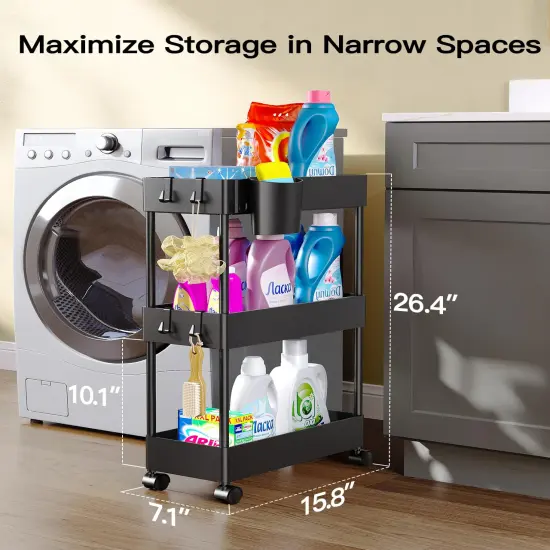 Slim Storage Cart with Wheels, Bathroom Cart Organizer Bathroom Storage Small, Rolling Cart for Bathroom, Laundry Room, Kitchen, Narrow Space, Black PIUC04 {6}