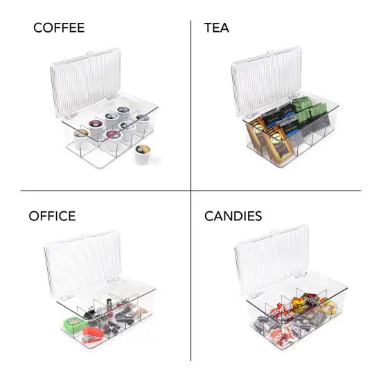 Divided Clear Plastic Organizer (10.75” x 6.5” x 3.7”) w/Hinged Lid, Stackable Storage Box for Tea Bags, Crafts, Office Supplies, Cosmetics, Jewelry, BPA-Free, Food Safe Pantry Container {4}
