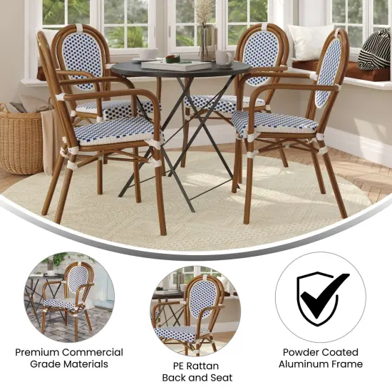 Merrick Lane Celia Set of Four Stacking Thonet Bistro Style Chair with Arms, PE Rattan Seat, and Metal Frame for Indoor/Outdoor Use White&Navy/Natural {4}