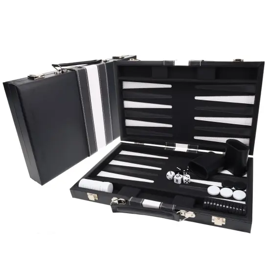 WE Games Black with Stripe Leatherette Backgammon Set, 14.75 x 9.75 in. closed {1}