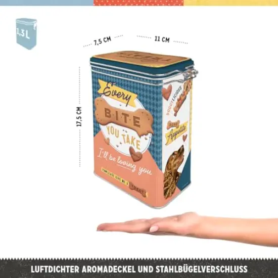 Retro tin box, 44 oz, Every Bite You Take Dog Treats &ndash; Gift idea for dog owners, metal clip top can for treats, vintage design {1}