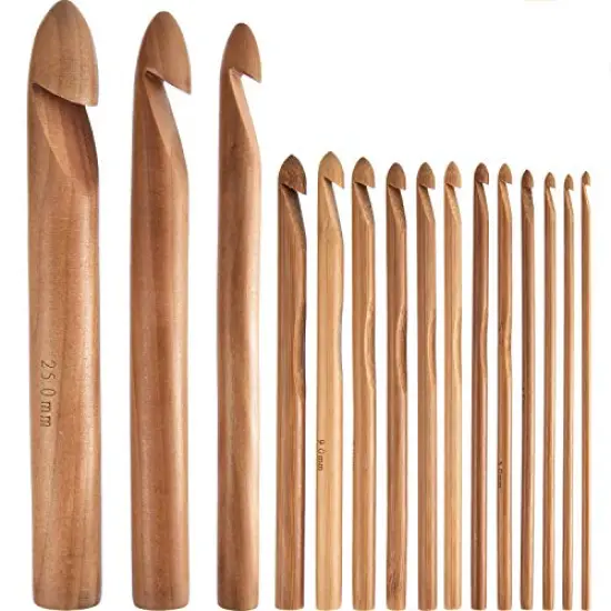 15 Pieces Wooden Bamboo Crochet Hooks Set Handcrafted Knitting Needles Weave Yarn Craft, 3 to 25 mm in Diameters {2}