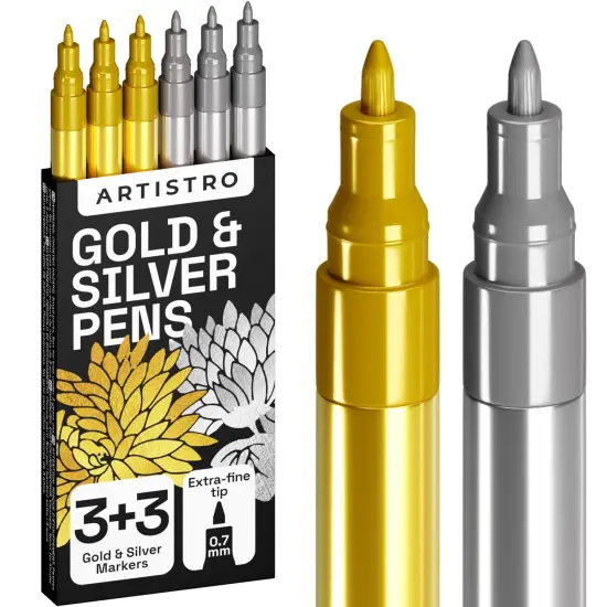 6 Pieces Metallic Acrylic Paint Pens for Rock Painting, Stone, Ceramic, Glass, Wood, Fabric, Canvas, Metal, Scrapbooking (6 Pack) Set of 3 Gold & 3 Silver Acrylic Paint Markers Water-Based Extra-Fine Tip 0.7mm {2}