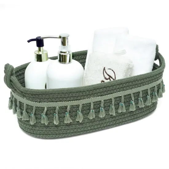 Small Cotton Rope Woven Basket Toilet Paper Baskets for Organizing Decorative Basket for Boho Decor Small Storage Basket for Bedroom Nursery Livingroom Entryway,Green {2}