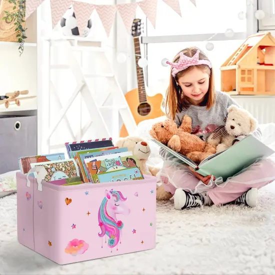 Adorable Pink Unicorn Basket for Girls Rectangle Cloud Star Heart Shelf Basket Clothes Books Toy Storage Cube, 21L {5}