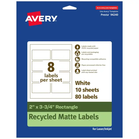 Avery Recycled Matte White Labels,2" x 3-3/4" Rectangle {7}