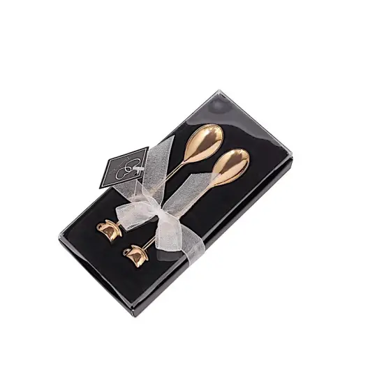 2 Metal 4 in Couple Coffee SPOONS Set Gift Box Gold {2}