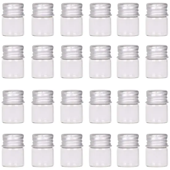 24 Pieces Mini Glass Bottles with Screw Caps 5ml Aluminum Top Metal Lids 5 Milliliter Tiny Vials Small Jars DIY Storage Art Craft Decor {2}