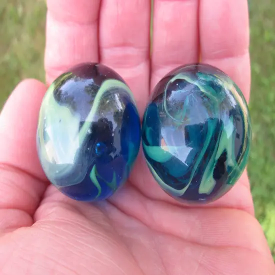 2 Boulders 35mm SEA TURTLE Marbles glass ball Clear Blue/Greenhuge Swirl {5}