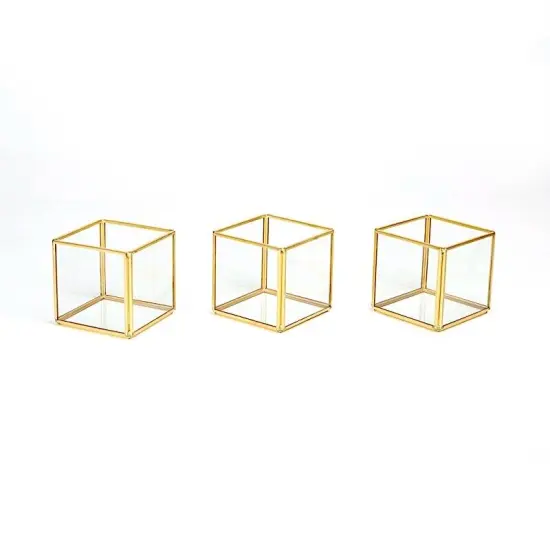 3 Gold Clear Glass Metal Frame CANDLE HOLDERS {1}