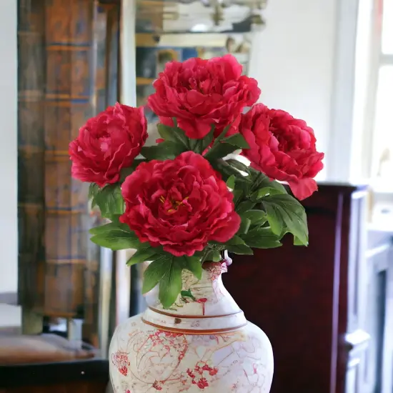 20" Burgundy Artificial Peony Bushes - 12-Pack, 5 Silk Flowers with Lush Foliage, Home D&eacute;cor - Ideal for Arrangements, Events - Rich Seasonal Charm, Floral Home by Artificial Flowers {5}