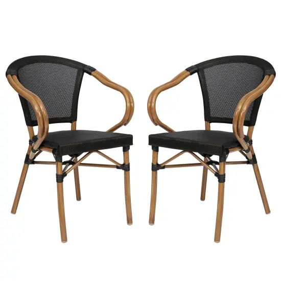 Merrick Lane Mael Set of Two Stacking Thonet Bistro Style Chair with Arms, Textilene Seat, and Bamboo Finished Metal Frame for Indoor/Outdoor Use Black/Natural Frame {2}
