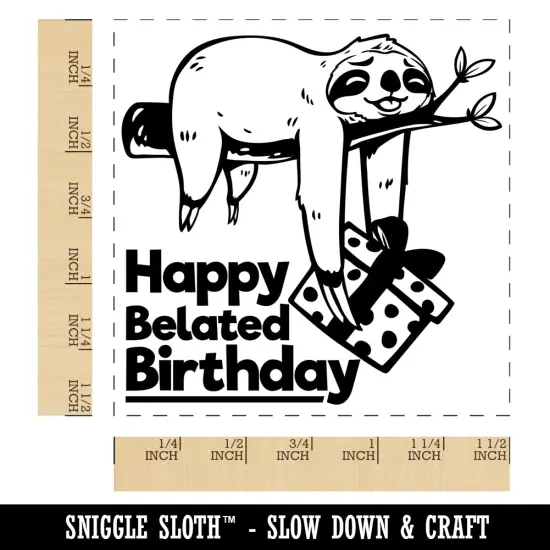 Happy Belated Birthday Sloth Friend with Present Self-Inking Rubber Stamp Ink Stamper Blue {1}