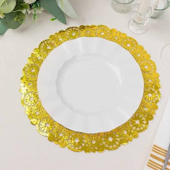 50 Metallic Gold Lace Round Disposable Paper Placemats {3}