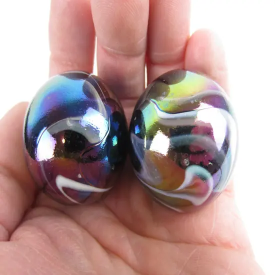 2 Boulders35mm MILKY WAY Marbles glass ball oil slick large huge Swirl {2}