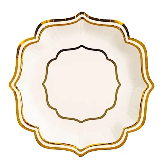 25 Disposable 10" Dinner Salad PAPER PLATES White and gold {2}